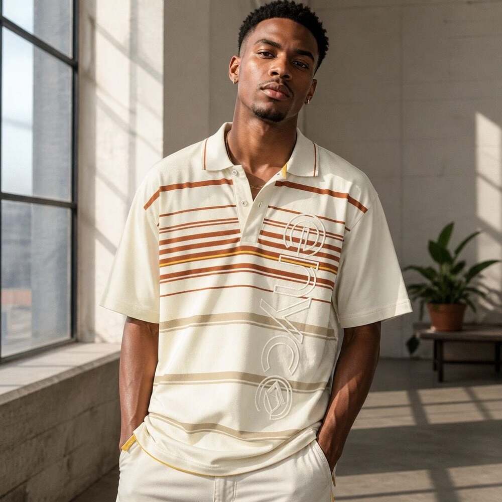 Enyce Men's Short Sleeve Striped Polo Shirt with Embroidered Vertical Logo